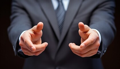 The image shows a close-up view of a person in a dark suit extending both hands towards the viewer, fingers slightly curled as if presenting or inviting something.