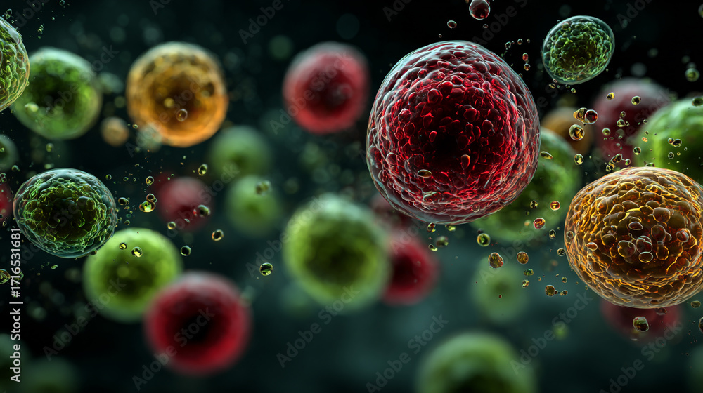 Poster colorful spheres float in a dark background small bubbles surround them