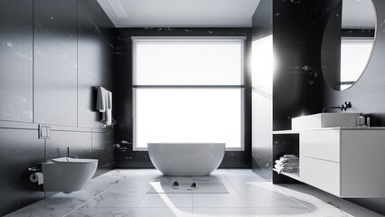 Modern Luxury Bathroom Interior with Marble Tiles and Freestanding Bathtub