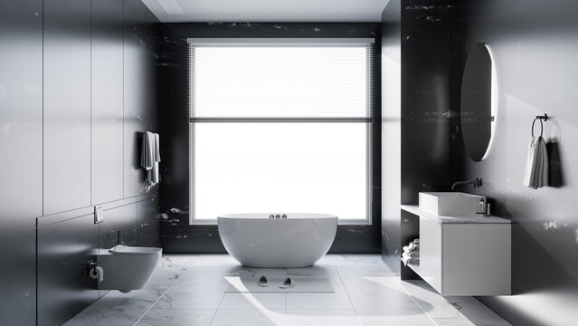 Modern Luxury Bathroom Interior with Marble Tiles and Freestanding Bathtub