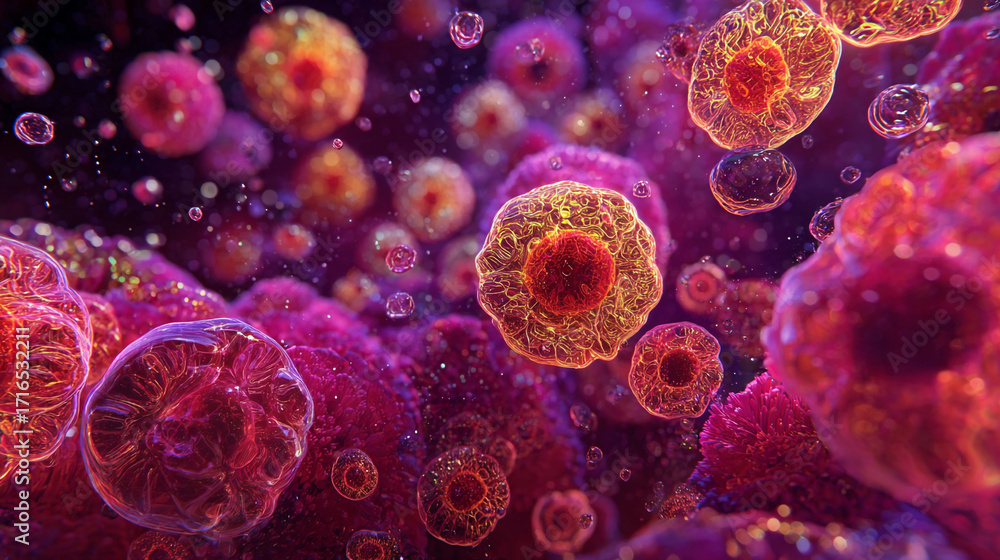 Poster microscopic view of cells vibrant colors and textures detailed structures floating in liquid