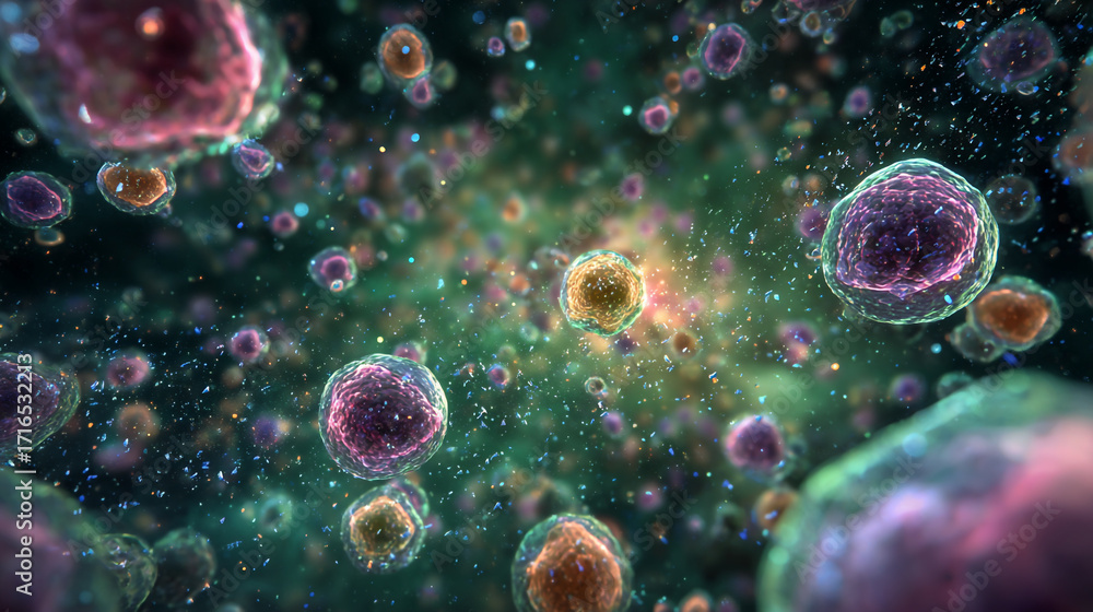 Poster microscopic view of colorful cells and particles floating in a dark environment a vibrant cellular l
