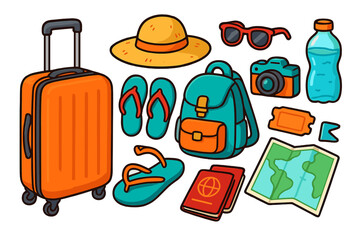 Travel essentials icon set for summer vacation. Vector cartoon collection with luggage, passport, map, camera, and beach accessories. Flat design elements for a journey or trip.