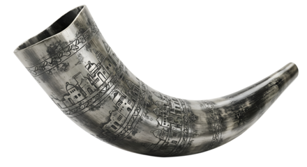 Ornate Engraved Silver-Tone Horn;  Ancient Cityscape Design;  Rustic, Elegant, Ceremonial Feel.