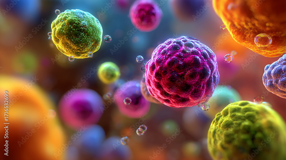 Poster colorful cells floating in a vibrant microscopic world bubbles surround them a dynamic scene