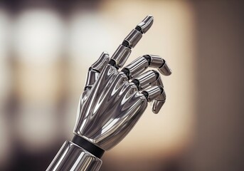 Naklejka premium Metallic robotic hand reaching upward reflecting light clearly with sleek precise fingers against uncluttered background representing futuristic high-tech innovation