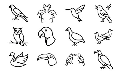 Set of Bird Silhouettes in Line Art Style – Parrot, Swan, Owl, Flamingo, Hummingbird, Toucan, Vulture, and Flying Birds Outline Icons on White Background