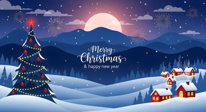 Merry Christmas and Happy New Year winter wonderland landscape with village and fireworks - Powered by Adobe