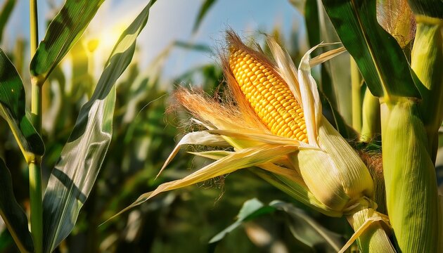 Golden Corn Ear Growing Among Green Stalks In A Sunny Field During The Summer Afternoon - Powered by Adobe