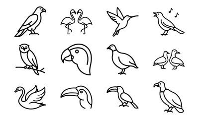 Set of Bird Silhouettes in Line Art Style – Parrot, Swan, Owl, Flamingo, Hummingbird, Toucan, Vulture, and Flying Birds Outline Icons on White Background