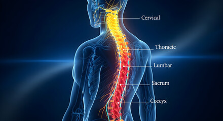 Anatomy of the human spine with labeled sections