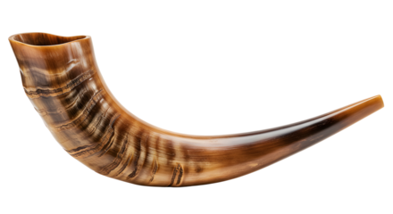 High-resolution image of a polished shofar, traditional Jewish ram's horn, isolated on white background; warm, rich tones; religious, cultural, and spiritual symbolism.