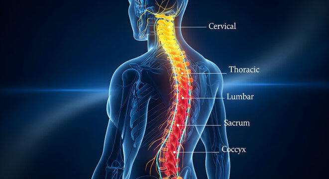 Anatomy of the human spine with labeled sections