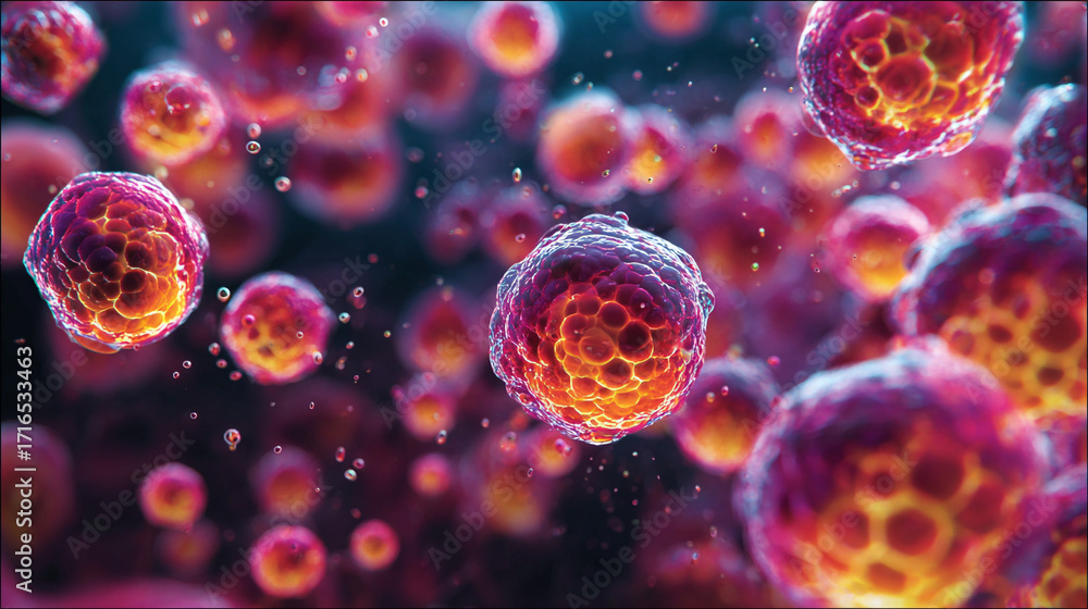 Poster microscopic view of vibrant cells floating in liquid a detailed look at cellular structures