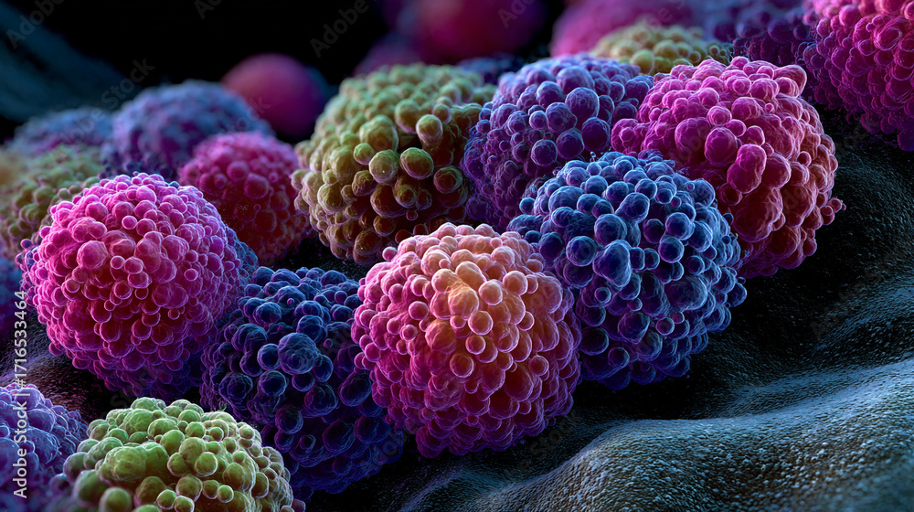 Poster microscopic view of colorful clustered cells a detailed image of cellular structures