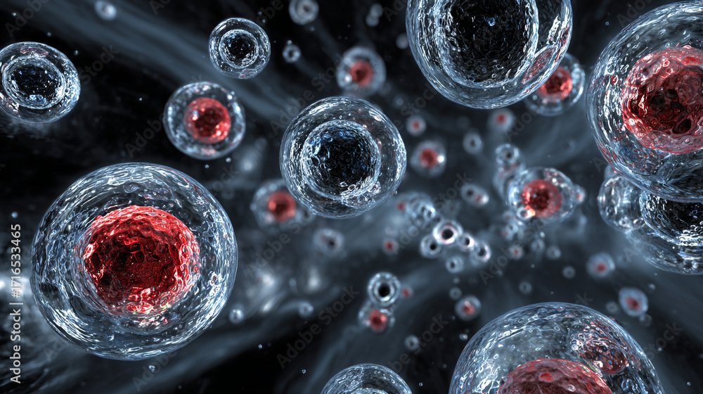 Poster Microscopic view of cells floating in a dark background showing cellular structures and internal details