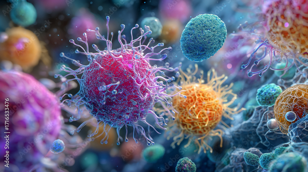 Poster microscopic view of colorful cells and viruses a detailed illustration of cellular structures