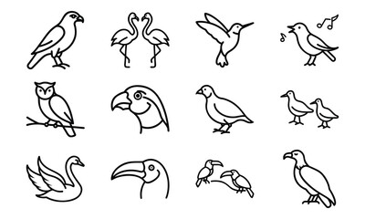 Fototapeta premium Set of Bird Silhouettes in Line Art Style – Parrot, Swan, Owl, Flamingo, Hummingbird, Toucan, Vulture, and Flying Birds Outline Icons on White Background
