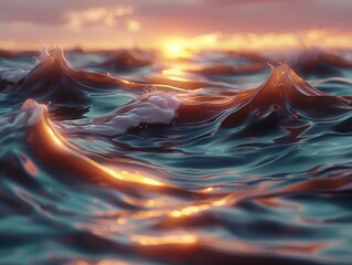 Sunset light reflecting on ocean waves, glowing seascape with golden highlights, abstract water surface background, generative AI