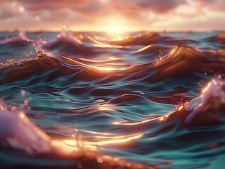 Sunset light reflecting on ocean waves, glowing seascape with golden highlights, abstract water surface background, generative AI