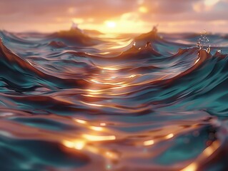 Sunset light reflecting on ocean waves, glowing seascape with golden highlights, abstract water surface background, generative AI