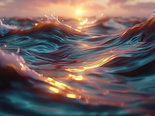 Sunset light reflecting on ocean waves, glowing seascape with golden highlights, abstract water surface background, generative AI