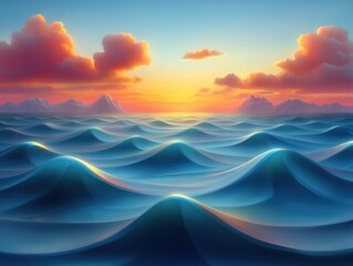 Dreamlike ocean waves at sunset with glowing light, surreal soft water surface, colorful sky with pink clouds, fantasy seascape painting, generative AI