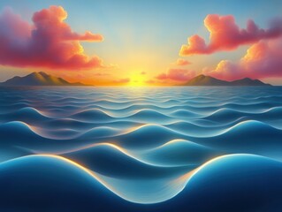 Dreamlike ocean waves at sunset with glowing light, surreal soft water surface, colorful sky with pink clouds, fantasy seascape painting, generative AI