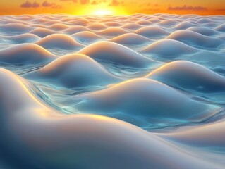 Abstract smooth ocean waves at sunset, surreal glossy water surface, dreamy seascape artwork, generative AI
