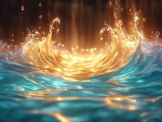 Golden sunlight shining on turquoise ocean waves, abstract water splash background, surreal seascape in fantasy style, generative AI