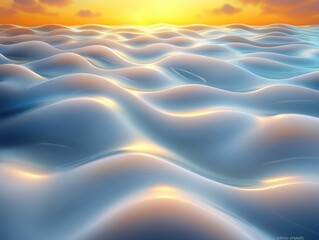 Abstract smooth ocean waves at sunset, surreal glossy water surface, dreamy seascape artwork, generative AI