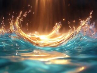 Golden sunlight shining on turquoise ocean waves, abstract water splash background, surreal seascape in fantasy style, generative AI