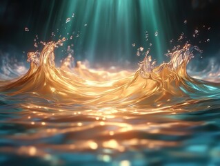 Golden sunlight shining on turquoise ocean waves, abstract water splash background, surreal seascape in fantasy style, generative AI