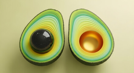 Abstract avocado sliced in half with a layered, topographic interior and metallic pits