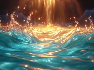 Golden sunlight shining on turquoise ocean waves, abstract water splash background, surreal seascape in fantasy style, generative AI