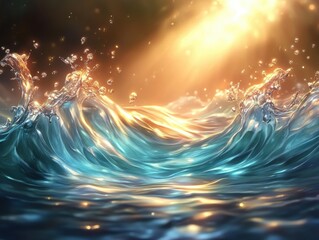 Golden sunlight shining on turquoise ocean waves, abstract water splash background, surreal seascape in fantasy style, generative AI