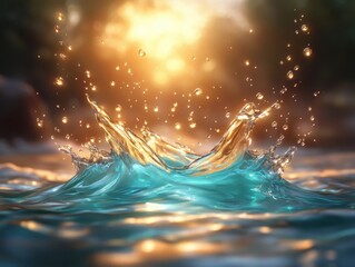 Golden sunlight shining on turquoise ocean waves, abstract water splash background, surreal seascape in fantasy style, generative AI