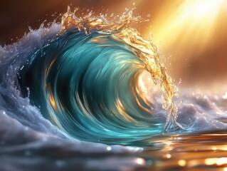 Golden sunlight shining on turquoise ocean waves, abstract water splash background, surreal seascape in fantasy style, generative AI
