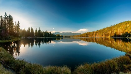 Obraz premium Peaceful Morning Reflection Serene Lake Photography Nature Wide Angle Tranquility
