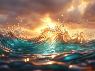 Golden sunlight shining on turquoise ocean waves, abstract water splash background, surreal seascape in fantasy style, generative AI