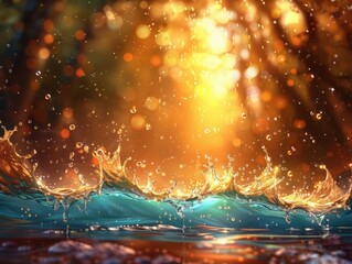 Golden sunlight shining on turquoise ocean waves, abstract water splash background, surreal seascape in fantasy style, generative AI