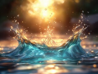 Golden sunlight shining on turquoise ocean waves, abstract water splash background, surreal seascape in fantasy style, generative AI