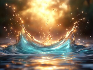 Golden sunlight shining on turquoise ocean waves, abstract water splash background, surreal seascape in fantasy style, generative AI