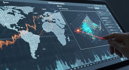 Digital screen displaying world map data analysis with hand pointing at 3 D graph and red laser