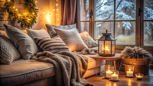 Cozy winter living room with a comfortable sofa, warm blankets, glowing candles, and a festive wreath, creating a hygge atmosphere by the window with a snowy view