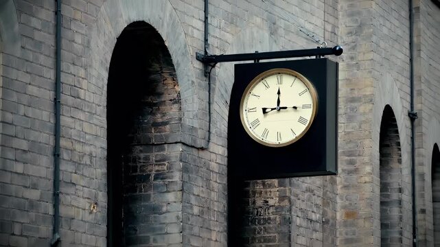London, United Kingdom. A large, round clock with Roman numerals is mounted on a wall with a black frame. The clocks face is white with black numerals and hands.
