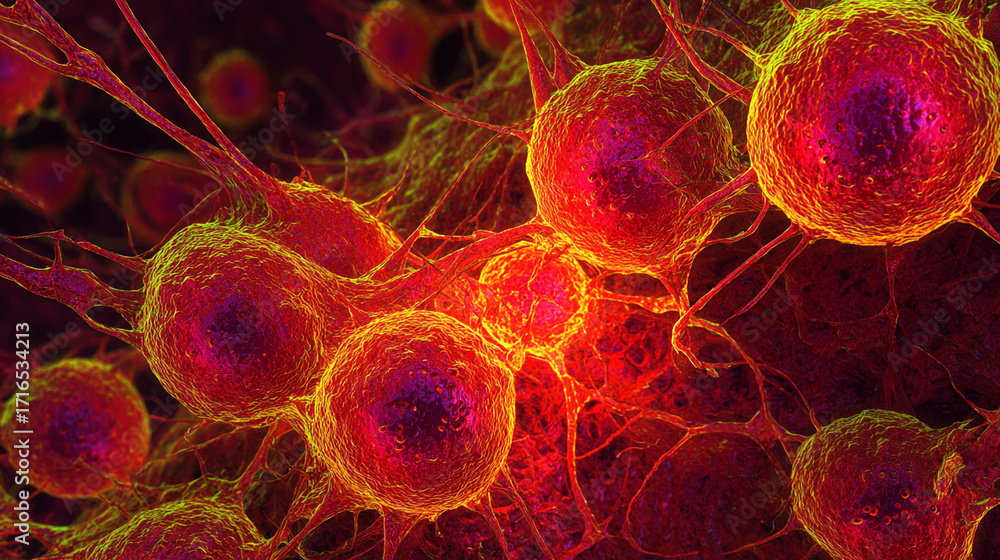 Poster microscopic view of vibrant red and yellow cells interconnected with thin threadlike structures