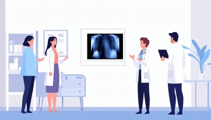Four doctors, including two women, review a large chest x-ray displayed on the wall of a medical office, discussing the results.