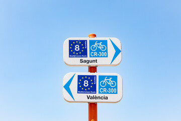 the Mediterranean route - EuroVelo 8 bicycle route sign between Sagunto and Valencia, Spain