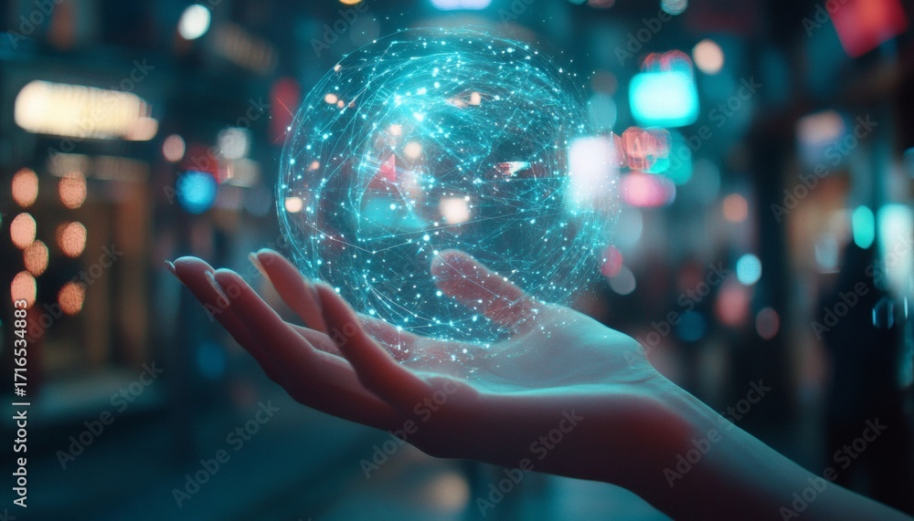 Poster the image shows a hand gently cradling a luminous, spherical network of nodes, with a bokeh effect s